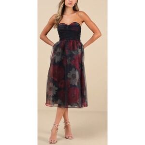NWT Lulus‎ Splendidly Yours Navy Floral Organza Mesh Strapless Midi Dress Size L